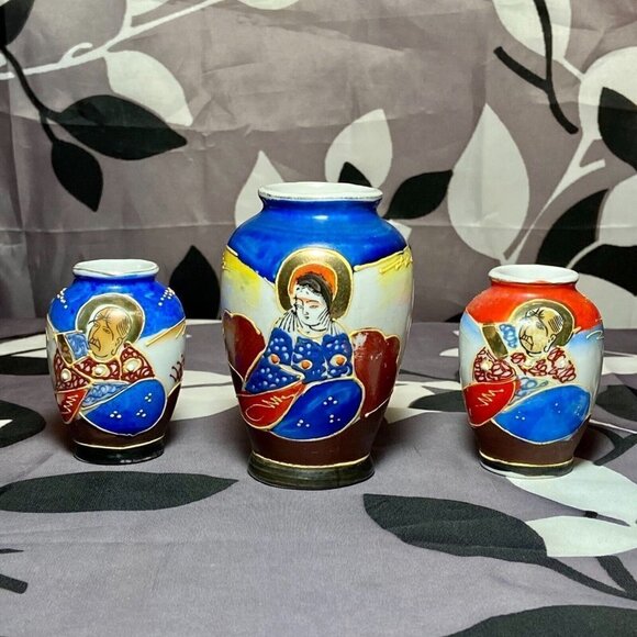 Vintage Occupied Japan Satsuma Moirage Porcelain Bone China Mini Vases Set Of 3 - Picture 12 of 12
